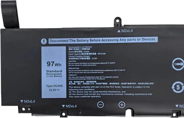Alt view image 2 of 5 - 6-CELL 11.4V 97Wh XG4K6 Laptop Battery Replacement For Dell XPS 17 9700 9710 9720 9730 Precision 5750 5760 5770 Series P92F P92F001 P92F002 P92F003 01RR3 001RR3 F8CPG 0F8CPG 5XJ6R KVPMY 0YY3V