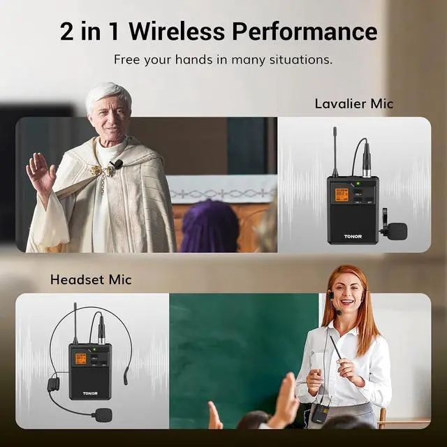 Alt view image 4 of 7 - TONOR UHF Wireless Microphone System with Headset Lavalier Lapel Mic, Bodypack Transmitter, Rechargeable Receiver, 15 Channels 60 m/200ft Range 1/4" Output for Recording, 1 Bodypack Mic