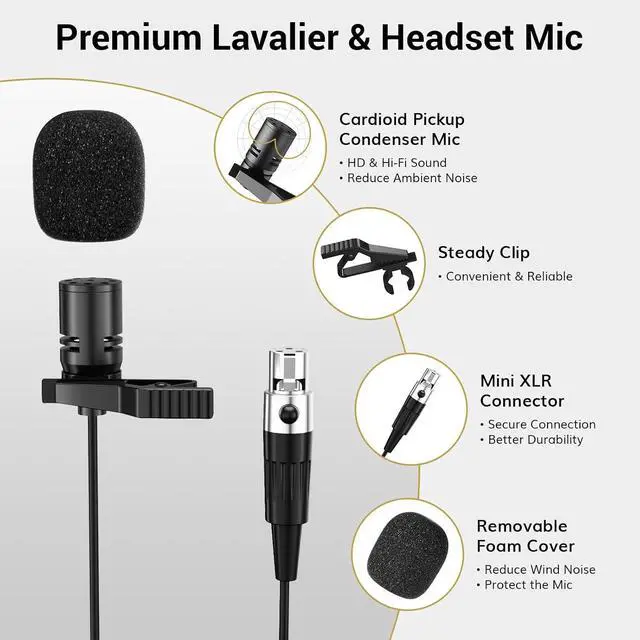 Alt view image 6 of 7 - TONOR UHF Wireless Microphone System with Headset Lavalier Lapel Mic, Bodypack Transmitter, Rechargeable Receiver, 15 Channels 60 m/200ft Range 1/4" Output for Recording, 1 Bodypack Mic