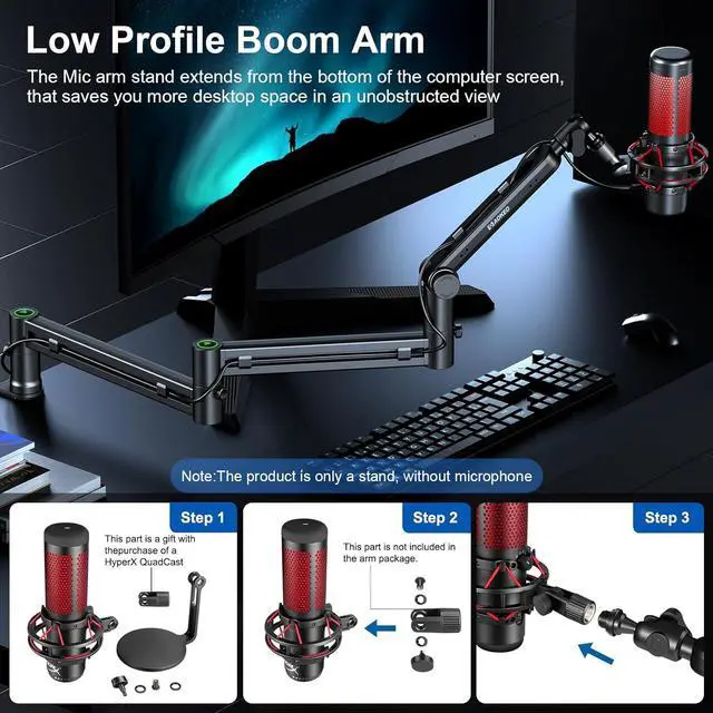 Alt view image 2 of 7 - Microphone Arm, AK-58i Desk Low Profile Mic Boom Arm Stand,Suitable For Blue Yeti,Snowball iCE,HyperX QuadCast,SoloCast,Elgato Wave,Etc