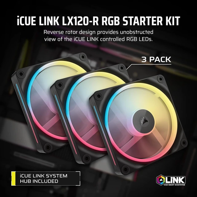 Alt view image 2 of 7 - iCUE Link LX120-R RGB 120mm PWM Reverse Fans Triple Fan Kit Low-Noise, Magnetic Dome Bearing, Dual Light Loops, QuikTurn Screws, Zero RPM Mode Black
