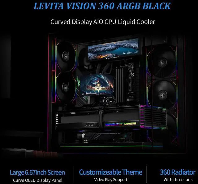 Alt view image 2 of 7 - Levita Vision 360 ARGB Black CPU Aio Cooler,Wireless Splicing Fan, 2K 60HZ Curved Screen with 2400x1080 Resolution,for AM4/AM5,Intel LGA1851/1700,6.67in 3D Screen
