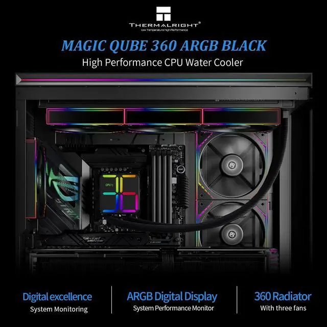 Alt view image 2 of 6 - Magic Qube 360 ARGB Black Liquid CPU Cooler,Building Block Fan with 2000RPM,for AM4/AM5,Intel LGA1150/1151/1200/1700/1851,Temperature Controlled Color Changing Digital Screen