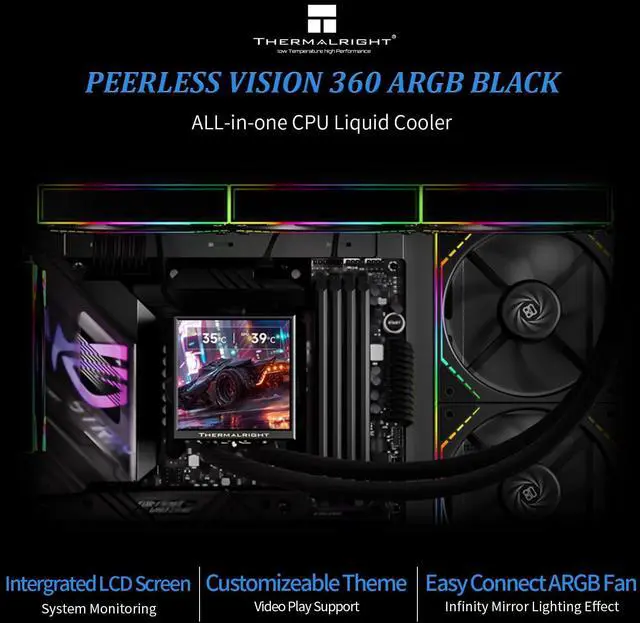 Alt view image 2 of 6 - Peerless Vision 360 ARGB Black CPU Aio Cooler,PC 360 Specification Water Cooler System,3.95IPS LCD Screen with 480x480 Resolution,for AM4/AM5;Intel 1700/1851,3 Wireless Splicing Fans