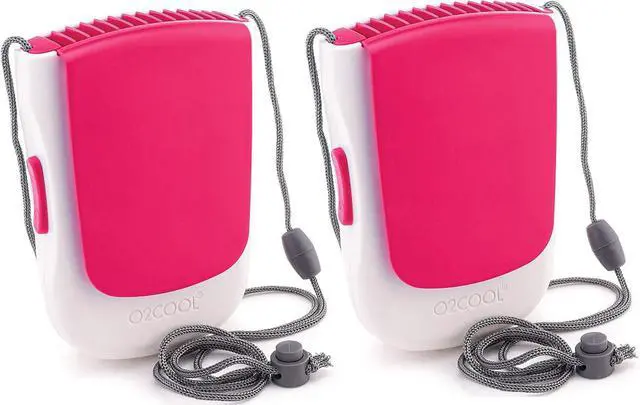 Main image of O2COOL Deluxe Necklace Fan | Battery Powered, Hands-Free Personal Cooling Fan w/Adjustable Lanyard, Table Top Stand + Wearable Clip -Pink (2 Pack)