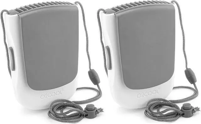Main image of O2COOL Deluxe Necklace Fan | Battery Powered, Hands-Free Personal Cooling Fan w/Adjustable Lanyard, Table Top Stand + Wearable Clip - Gray (2 Pack)