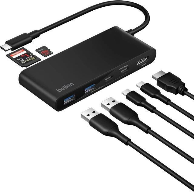 Main image of Belkin USB C Hub, 7-Port Hub w/ 4K HDMI Display @ 60Hz, SD & MicroSD, 100W Power Delivery, Fast Data Transfer 5Gbps, USB C Multiport Adapter for MacBook, iPad Pro, Chromebook, etc. - Upgraded HDMI 2.0