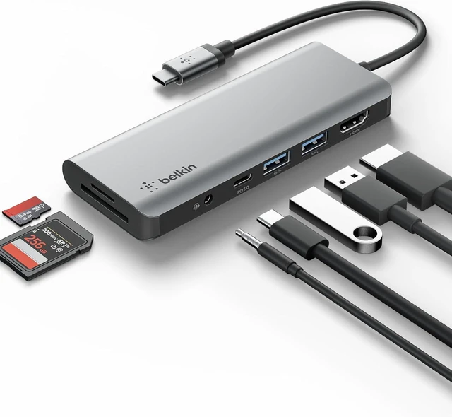 Main image of Belkin USB C Hub, 7-in-1 MultiPort Adapter Dock with 4K HDMI 1.4, USB-C PD 3.0, 2x USB-A 3.0 BC1.2, SD 3.0 card reader, Micro SD 3.0, 3.5 mm audio in/out for MacBook Pro,Air, iPad Pro, XPSand More