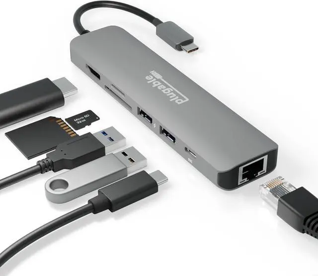 Main image of Plugable 7-in-1 USB C Hub Multiport Adapter with Ethernet Driverless Compatibility with Mac, Windows, iPhone 15, Chromebook, USB4, Thunderbolt, 100W Charging, Ethernet, 4K60Hz HDMI, 2X USB, SD/microSD