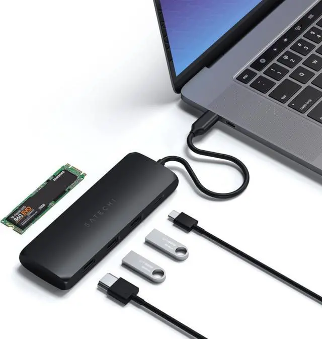Main image of Satechi USB C Hub Multiport Adapter with M.2 SATA SSD Enclosure, 4K HDMI, 100W USB C PD Charging, 2 USB-A Data Ports, for MacBook & Windows - Black