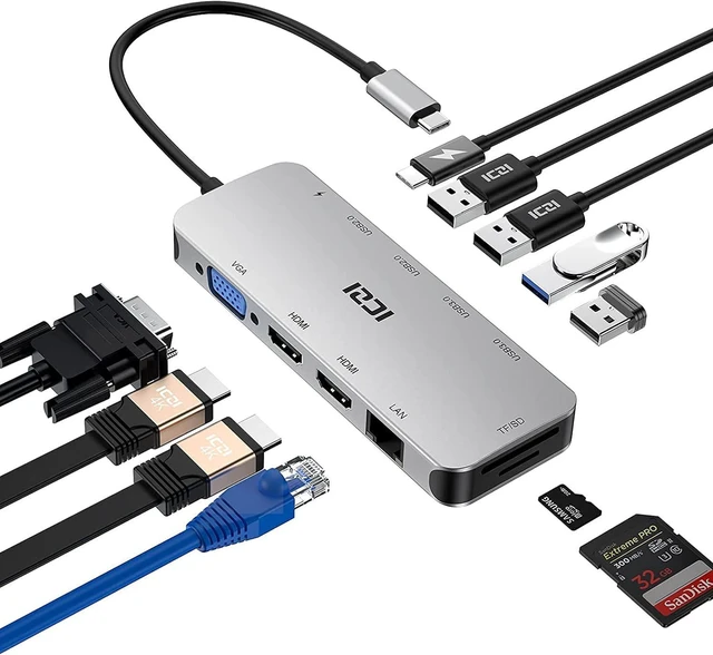 Main image of USB C Hub, ICZI 11-in-1 Thunderbolt 3 Multiport Adapter with Dual HDMI 4K, 4 USB-A Ports, Ethernet, VGA, PD 100W, SD/TF Card for MacBook Air/Pro, Mac mini, Surface, Dell Xps