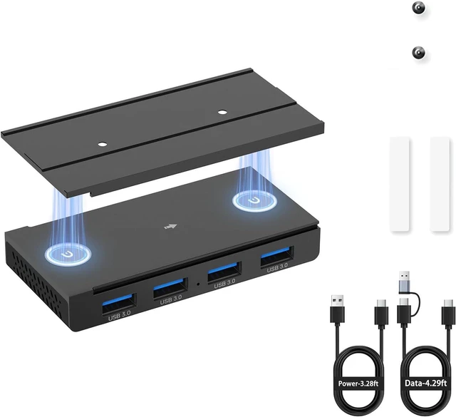 Main image of EJAY 4-Port Magnetic USB 3.0 Hub, 5Gbps High-Speed Data Transfer, Includes Sliding Rail, Screws & Sticky Pads for MacBook Laptop PC, Black