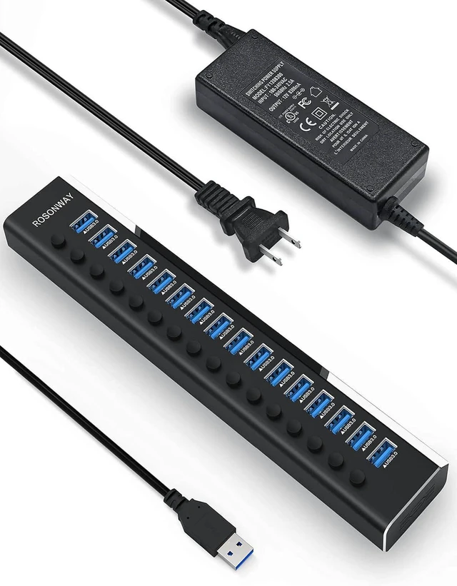 Main image of Powered USB Hub Rosonway 16 Ports 96W USB 3.0 Data Hub Aluminum USB Hub 3.0 Splitter with 12V/8A Power Adapter and Individual On/Off Switches RSH-A16 (Black)