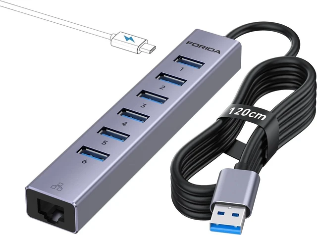 Main image of 8Port USB Hub 3.0 with 120 cm Cable, USB to Network Hub with 6 3.0 Ports and 1000 Mbps LAN Adapter, 5 V/3 A Type-C Port, Aluminium USB Splitter for Laptop, IMAC, PC, USB Flash Drives etc. (Grey)