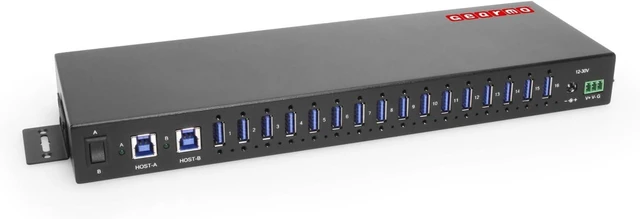 Main image of Gearmo 16-Port Rack Mount USB Hub - Powered USB 3.0 Type A Ports, Dual Upstream Ports, 5Gbps Speed, ESD Surge Protection, 1U Rack Industrial USB Hub