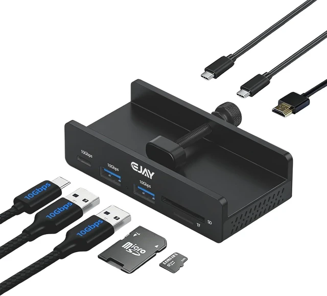 Main image of EJAY 7-in-1 USB C Hub with Clamp - 4K@60Hz HDMI, 100W PD Charging, 10Gbps USB 3.2, SD/TF Card Reader, Compatible with MacBook, iPad Pro, Dell XPS, Windows, Black