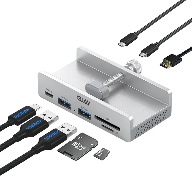 Main image of EJAY 7-in-1 USB C Hub with Clamp - 4K@60Hz HDMI, 100W PD Charging, 10Gbps USB 3.2, SD/TF Card Reader, Compatible with MacBook, iPad Pro, Dell XPS, Windows, Silver