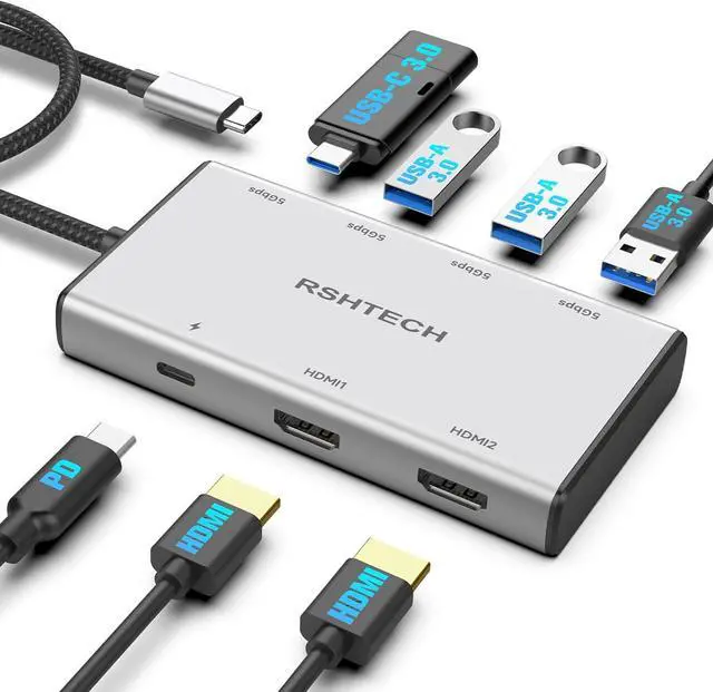 Main image of RSHTECH 7-in-1 USB C Hub Multiport Adapter with 2x4K@60Hz HDMI, USB-3.0 Data Ports(3A+1C), 100W PD, Aluminum USB-C Docking Station Dual Monitor for Laptops and MacBook