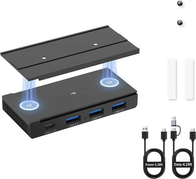 Main image of EJAY 4-Port Magnetic USB Hub, 3 USB 3.0 + 1 Type C Port, 5Gbps Data Transfer, Includes Sliding Rail, Screws and Sticky Pads, Compatible with MacBook, Laptop, PC, Black