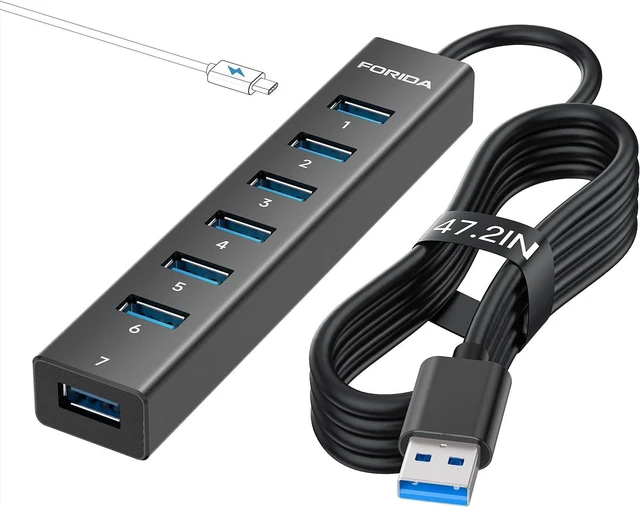 Main image of Long Cable USB to USB Hub, 8 Ports USB 3.0 Adapter with 7 USB 3.0 Data Ports, USB Splitter with USB C 5V/3A Power Port, 47IN/120CM Main Cable for Laptop PC and More
