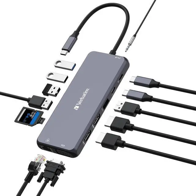 Main image of Verbatim USB C Hub 14-in-1 Multiport Adapter USB-C to HDMI, VGA, RJ45, USBA-A and USB-C PD, with SD Card Reader, for Mac, MacBook Pro/Air, iPad Pro, Thinkpad, Windows Computer, Laptop and Co, Gray