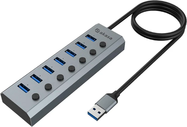 Main image of Akasa Powered USB Hub, Aluminium 7 USB Port with 3.2 Gen 1 (5Gbps) Superspeed and Individual Switch for PC Laptop, Desktop and More, Both UK/EU Plugs Included, AK-HB-21BKCM