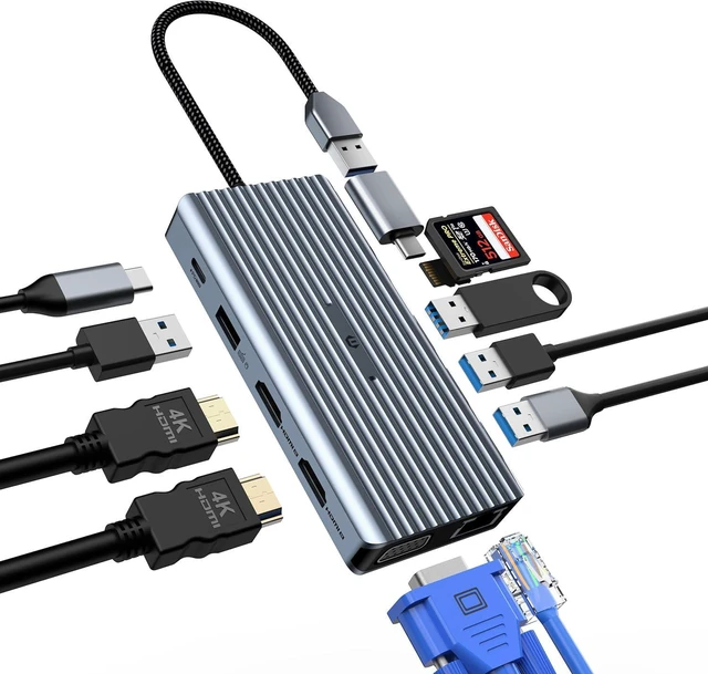 Main image of 12 in 1 USB C Hub, USB C Docking Station, VGA, 2 * HDMI, Mac Pro/Air USB C Adapter(USB A 3.0,1G Ethernet,PD 100W,3.5mm Microphone,SD/TF Reader) Dongle for Dell,HP,Lenovo