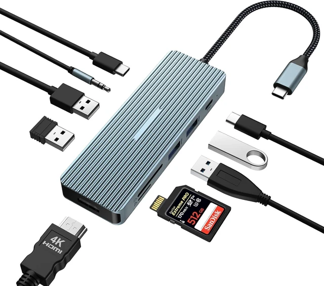 Main image of 10 in 1 USB C Hub, Adapter with 4K HDMI, 2 x USB 3.0, USB-C 3.0, 2 x USB 2.0, 100W PD, SD/TF Card Reader, 3.5mm Audio Jack Compatible with Laptops, iPad