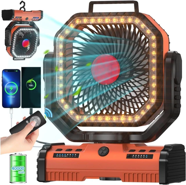 Main image of ADUST 12 Inch Camping Battery Operated Powered Fan with LED Lantern Light,44000mAh Rechargeable Portable Oscillating Fan with 360° Rotation Hanging Hook for Tents, Cordless USB Desk Fan(Orange)