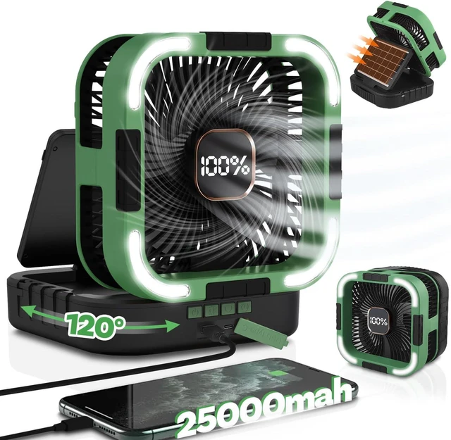 Main image of 25000mah Camping Solar Fan, 120° Oscillation Rechargeable Solar Powered Fan with LED Light, 6 Adjustable Speeds Battery Powered Portable Fans, USB-C Fans for Travel Tent Camping Accessories