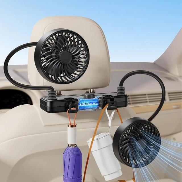 Alt view image 2 of 2 - 3000mAh Dual 360 Hose Rechargeable Fan for Car SUV RV Pickup Vehicle Headrest, Car Seat Fan for Baby Kids Rear Facing - Quiet Stepless Wind Speed 2 Storage Hook Hanging Items