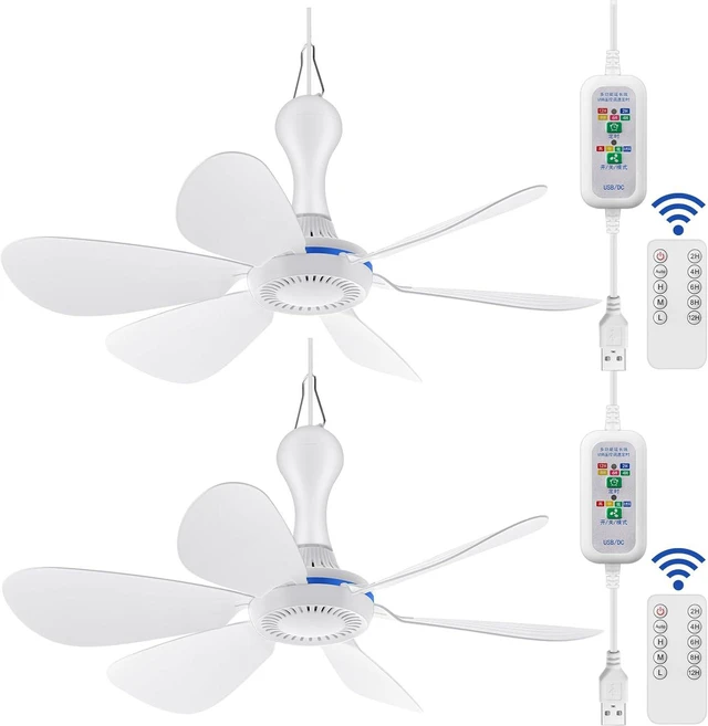Main image of Glooglitter 2 Sets USB Hanging Ceiling Fan Portable Canopy with Remote Control Timing, 6 Blades Quiet Small DC Fan for Camping Bed Dormitory RV Tent Home Room(6.8ft Extension Cord)