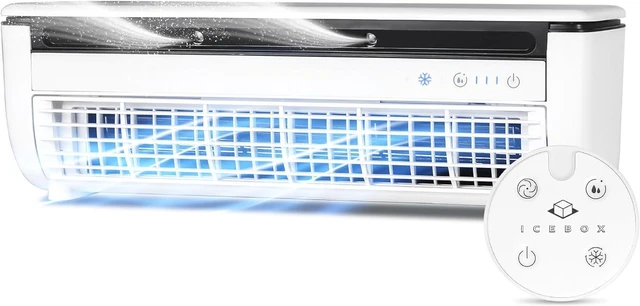 Main image of ICEBOX Cooling Mist Fan, Small Portable Fan with Evaporative Humidifier, For Desk or Wall Mount, 3 Speeds, 8.8oz/260ml Tank, 8-Hour Runtime per Charge, Remote, USB-C, IBCF200W, White/Gray