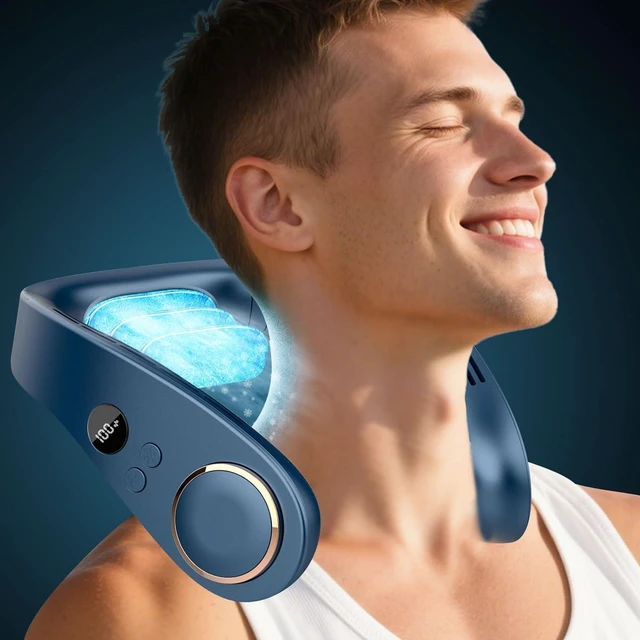 Main image of Neck Fan with Cooling Plate,Portable Air Conditioner Fan with AC,5500mAh Powerful Bladeless Personal Headphones Quiet Neck Cooler,Mini Cordless Wearable USB Hands Free Cool Fan for Women Men Kids Blue