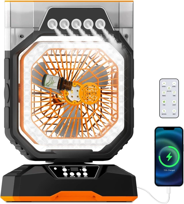 Main image of Weljoy Rechargeable Misting Fan for Camping & Home 6-Speed Portable Cooling Fan with Adjustable Mist, Aromatherapy Box, 8-Hour Timer, 27000mAh Fast-Charging Battery (Black & Orange)