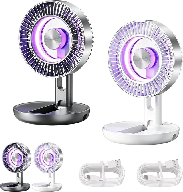 Main image of 2026 New 3-in-1 USB Desk Fan with Colorful LED Light, Small Desk Fan, Desk Fan for Office, Quiet Rechargeable Table Fan, 5-Speed Adjustment, Multi-angle Adjustment (Gray+White)
