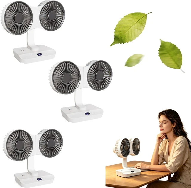 Main image of Double Head Desk Fan, 4 Speed Quiet Oscillating Table Fan, USB Rechargeable Desktop Cooling Fan for Bedroom Office Camping (White 3)