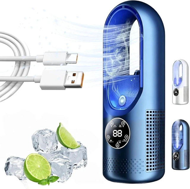 Main image of 6-Speed Bladeless Electric Fan with Light and 7-Color Light, Bladeless Desk Fan Small Quiet with 100ml Water Tank,Desktop Cooling Fans with Timer, USB Powered Personal Cooler for Bedroom (Blue)