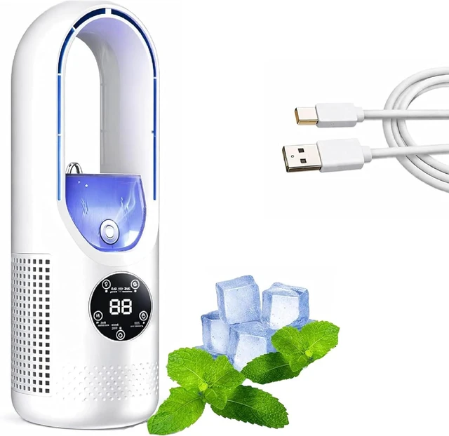 Main image of 6-Speed Bladeless Electric Fan with Light - Portable USB Desk Fan with Mist,Quiet Personal Cooling, 100ml Water Tank, 7-Color Night Light & Timer for Bedroom Office Dorm (White)
