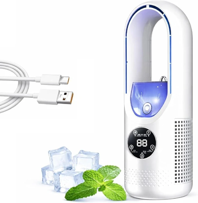 Main image of 6-Speed Bladeless Desk Fan with Light and 7-Color Light, Portable Desktop Misting Tower Cooler with 100ml Water Tank & Timer, USB Rechargeable, Small Quiet Desk Fan for Bedroom, Office, Home (1PC-A)