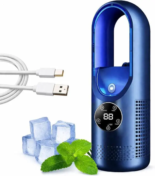 Main image of 6-Speed Bladeless Electric Fan with Light - Portable USB Desk Fan with Mist, Quiet Personal Cooling Fans, 100ml Water Tank, Timer, 7-Color Night Light, for Bedroom Office Dorm (Blue)