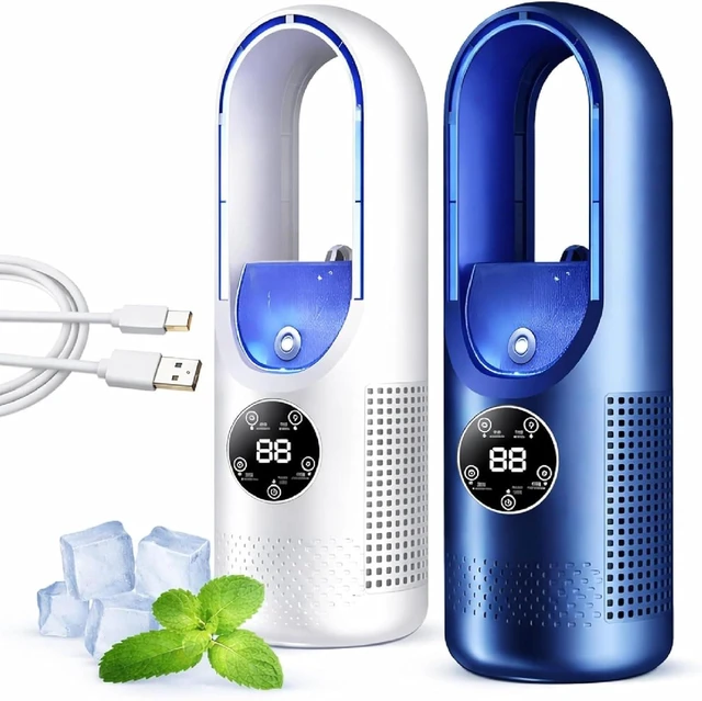 Main image of 6-Speed Bladeless Electric Fan with Light - Portable USB Desk Fan with Mist, Quiet Personal Cooling Fans, 100ml Water Tank, Timer, 7-Color Night Light, for Bedroom Office Dorm (Mix)