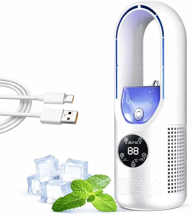 Main image of 6-Speed Bladeless Electric Fan with Light, USB Personal Mist Fan Portable Desktop Cooling, 100ml Water Tank, 7-Color Night Light & Timer, for Bedroom Office Dorm (White)
