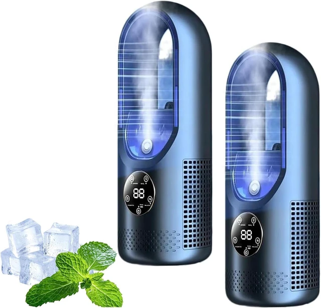 Main image of 6-Speed Bladeless Electric Fan with Light, USB Portable Desk Fan with Mist Cooling, 100ml Water Tank, 7-Color Night Light, Timer, Small Quiet Personal Fan for Bedroom Office Dorm (Blue*2)