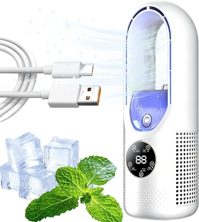 Main image of 6-Speed Bladeless Electric Fan with Light, Small Quiet Desk Fan with 100ml Water Tank, USB Powered Mist Fan, Portable Desktop Cooling Fan with Timer and 7 Color Night Light for Bedroom Office (B)
