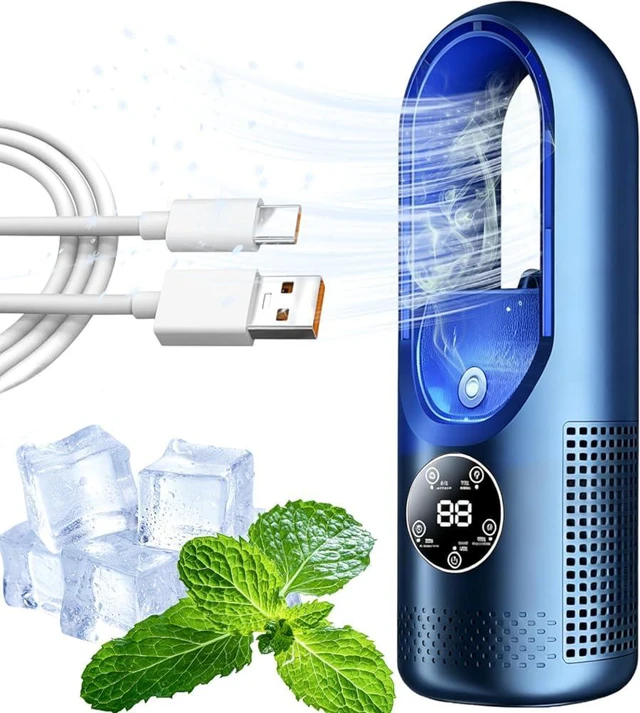 Main image of 6-Speed Bladeless Electric Fan with Light, Small Quiet Desk Fan with 100ml Water Tank, USB Powered Mist Fan, Portable Desktop Cooling Fan with Timer and 7 Color Night Light for Bedroom Office (A)