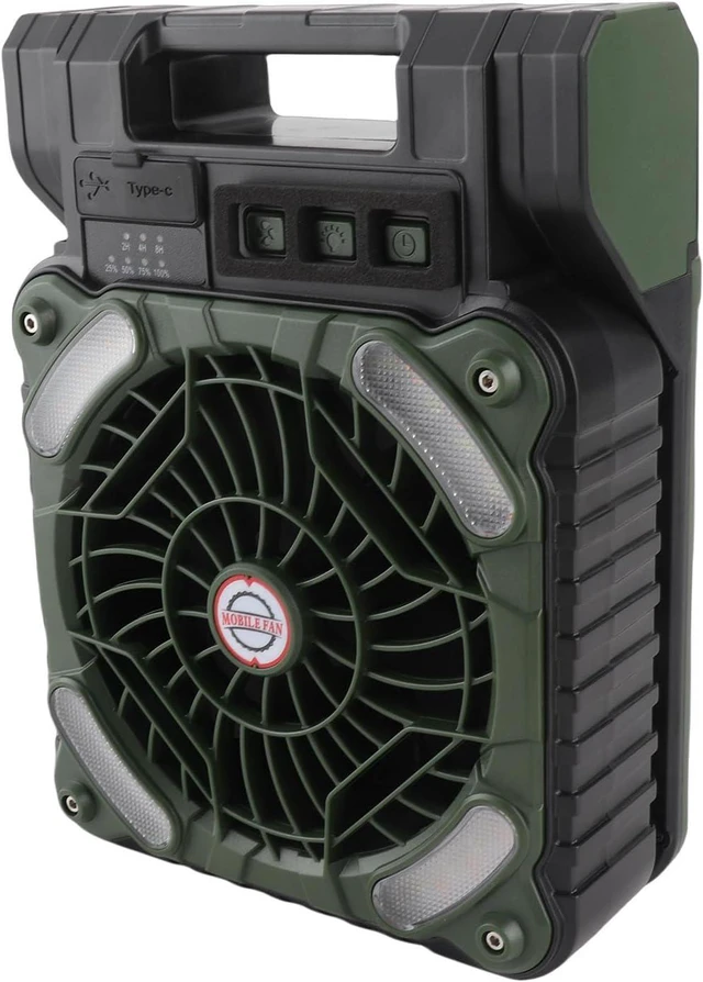 Main image of Solar Fan Brushless Motor Adjustable Speeds for Camping Fishing 5200MAH Type C Charging Low Noise LED Timer for Outdoor Activities (OD Green)