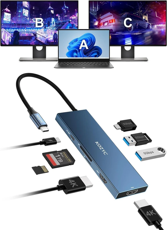 Main image of USB C Docking Station Dual Monitor 4K@60Hz, KOZYC 8-in-1 USB C Hub with 2 HDMI, USB-C 3.0, 2xUSB-A 3.0, SD/TF, 100W PD, Support HDMI Splitter Extended Display 2 Monitors Compatible with HP, Dell