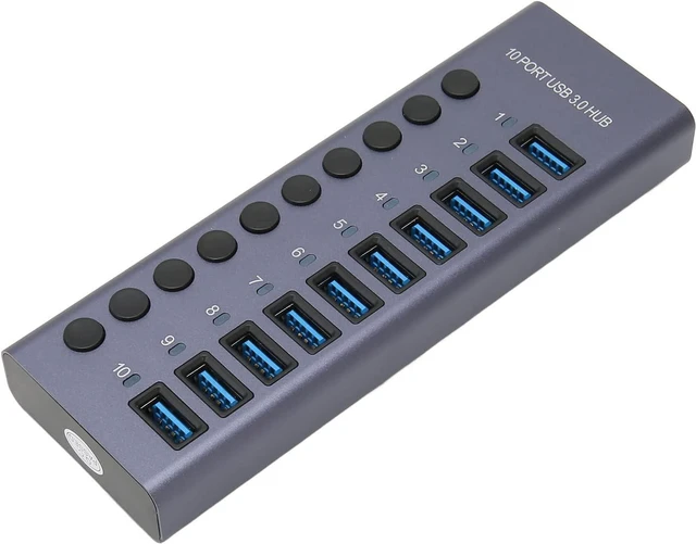 Main image of Powered USB Hub 10 Ports 60W USB 3.0 Data Hub,12V/5A Power Adapter USB Hub 3.0 Splitter with Individual Power Switches LEDs Aluminum Alloy Shell USB 3.0 Docking Station (US Plug)