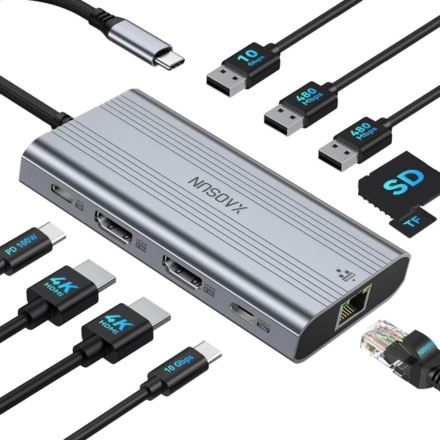 Main image of XAOSUN USB C Docking Station,10 in 1 USBC Hub with Dual Monitor 4K@60Hz,100W PD Fast Charge,10Gbps USB-C and A Data Ports,480Mbps USB2.0,Gigabit Ethernet, SD/TF,Type C Dock for Thinkpad,HP,Dell